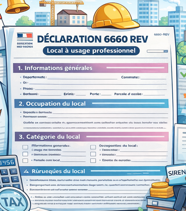 Illustration expliquant la déclaration 6660 REV pour les locaux professionnels avec formulaire fiscal, calculatrice, calendrier et documents administratifs.