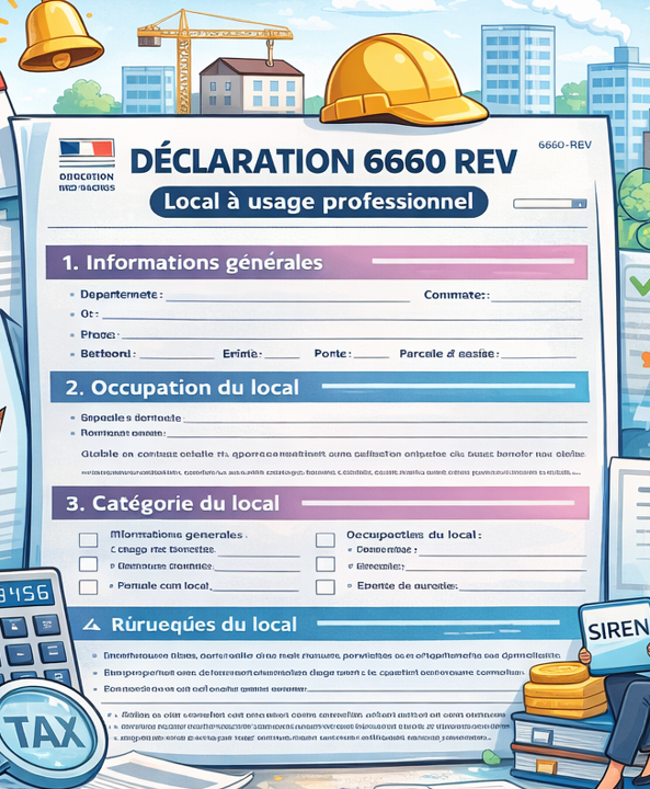 Illustration expliquant la déclaration 6660 REV pour les locaux professionnels avec formulaire fiscal, calculatrice, calendrier et documents administratifs.