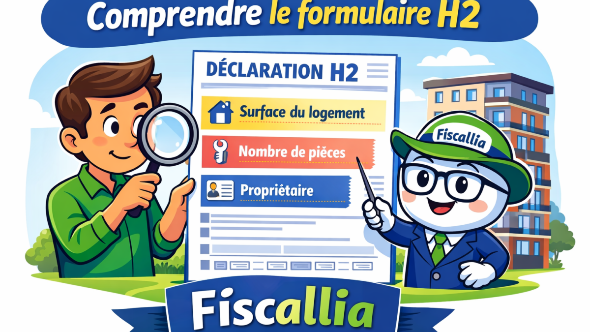 Illustration pédagogique Fiscallia montrant un propriétaire découvrant le formulaire fiscal H2 pour déclarer un appartement dans un immeuble collectif