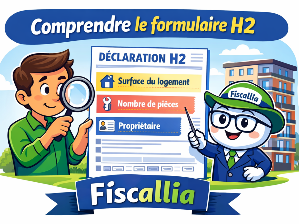 Illustration pédagogique Fiscallia montrant un propriétaire découvrant le formulaire fiscal H2 pour déclarer un appartement dans un immeuble collectif