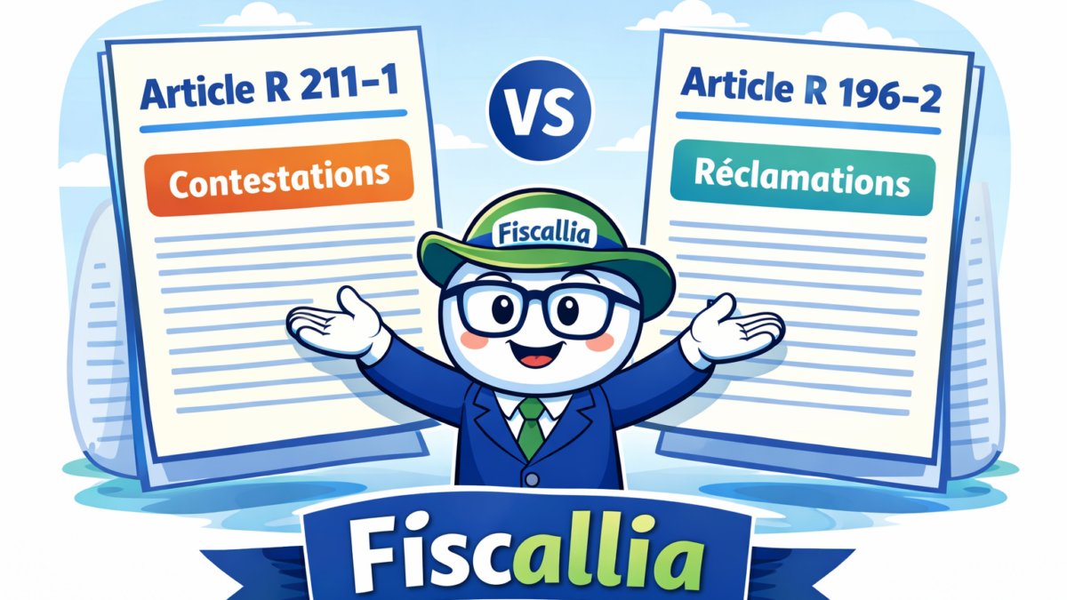 Illustration pédagogique Fiscallia comparant l’article R 211-1 et l’article R 196-2 du Livre des procédures fiscales expliquant la différence entre contestation et réclamation fiscale.