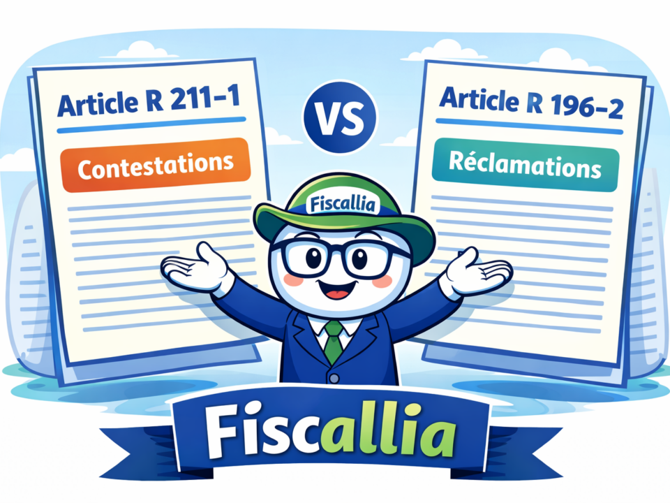 Illustration pédagogique Fiscallia comparant l’article R 211-1 et l’article R 196-2 du Livre des procédures fiscales expliquant la différence entre contestation et réclamation fiscale.