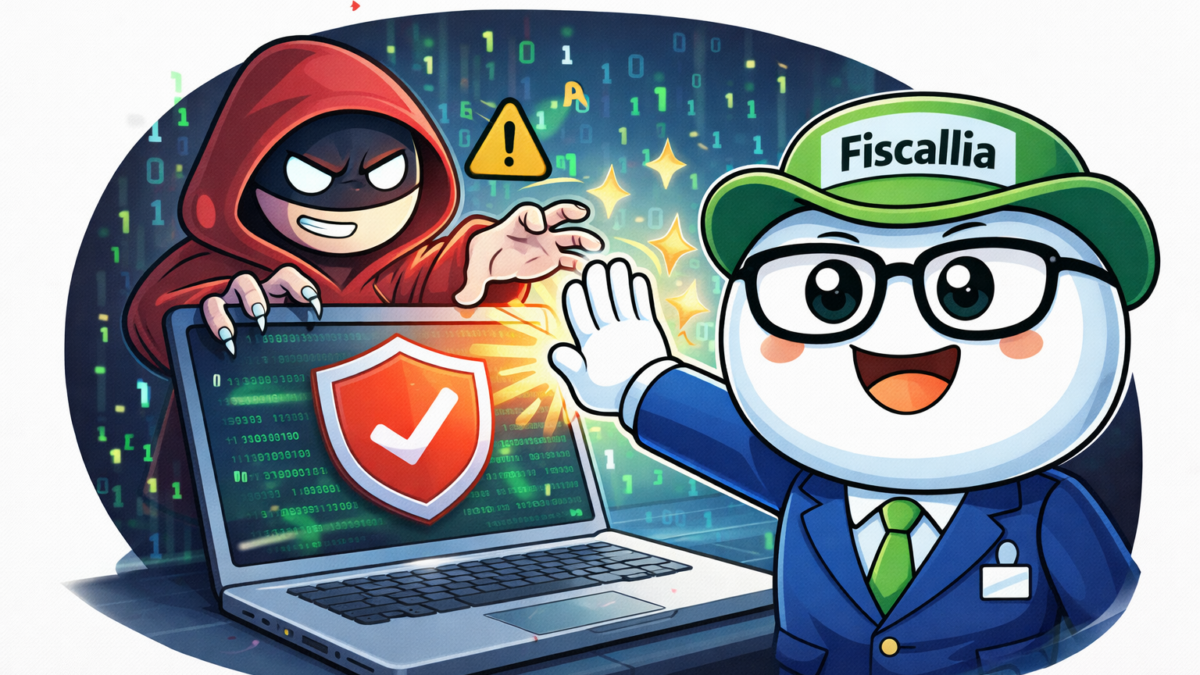Mascotte Fiscallio de Fiscallia protégeant un ordinateur contre un piratage informatique avec un bouclier de sécurité et un hacker repoussé.