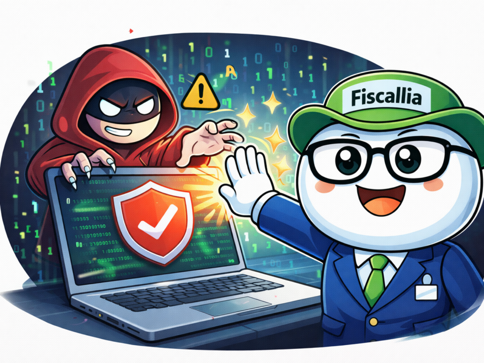 Mascotte Fiscallio de Fiscallia protégeant un ordinateur contre un piratage informatique avec un bouclier de sécurité et un hacker repoussé.