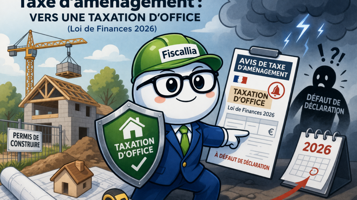 Illustration Fiscallia avec la mascotte expliquant la taxe d’aménagement et la taxation d’office prévue par la loi de finances 2026 sur un chantier de construction.