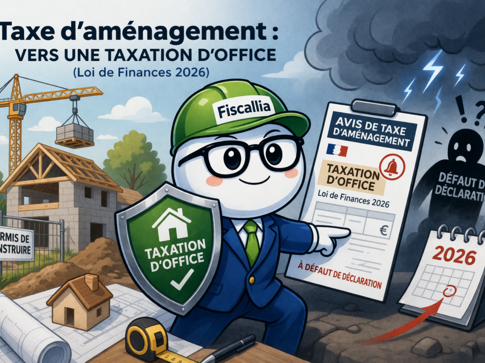 Illustration Fiscallia avec la mascotte expliquant la taxe d’aménagement et la taxation d’office prévue par la loi de finances 2026 sur un chantier de construction.