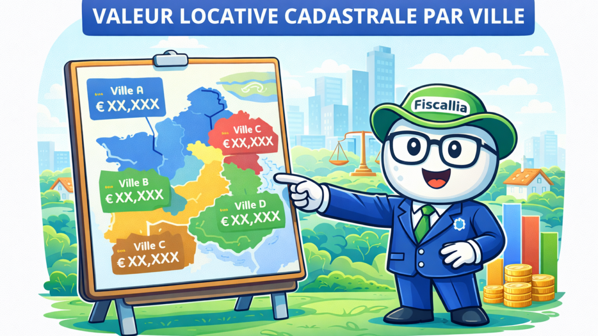 Illustration Fiscallia avec la mascotte Fiscallio présentant la valeur locative cadastrale par ville à travers une carte comparant plusieurs villes et leurs niveaux de taxation.