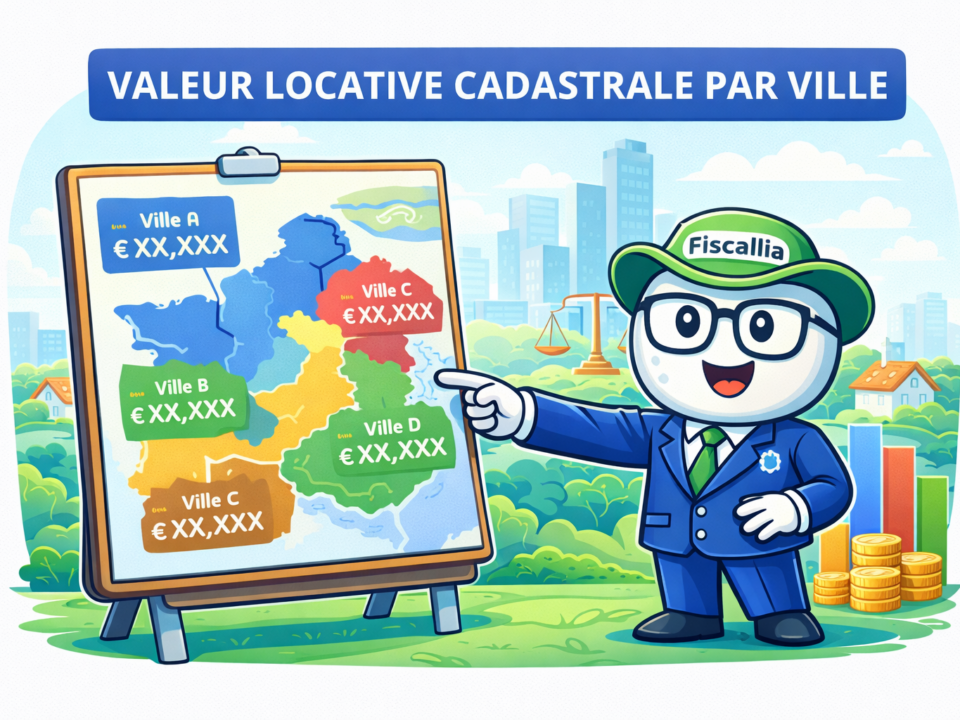 Illustration Fiscallia avec la mascotte Fiscallio présentant la valeur locative cadastrale par ville à travers une carte comparant plusieurs villes et leurs niveaux de taxation.