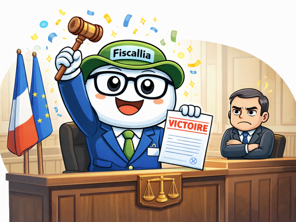 Mascotte Fiscallio de Fiscallia remportant une victoire devant le tribunal administratif contre l’administration fiscale avec un jugement favorable.