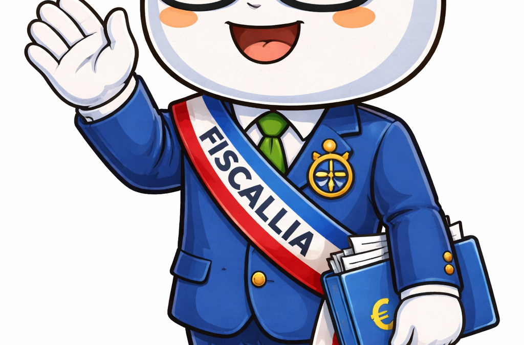 Mascotte Fiscallio portant une écharpe avec le nom Fiscallia, représentant un expert taxe foncière.