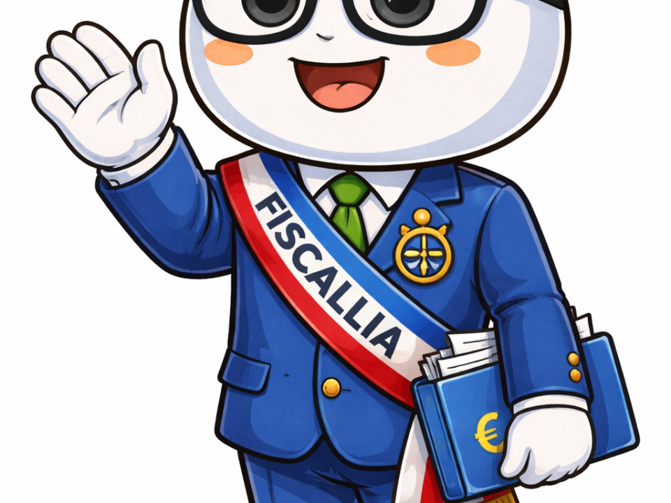 Mascotte Fiscallio portant une écharpe avec le nom Fiscallia, représentant un expert taxe foncière.