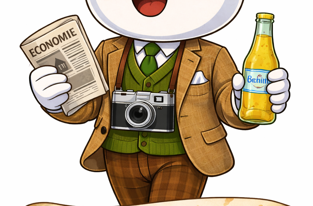 Mascotte Fiscallio de Fiscallia habillée dans un style vintage de 1959 avec une boisson française de l’époque, illustrant la naissance de la taxe foncière en 1959