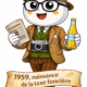 Mascotte Fiscallio de Fiscallia habillée dans un style vintage de 1959 avec une boisson française de l’époque, illustrant la naissance de la taxe foncière en 1959
