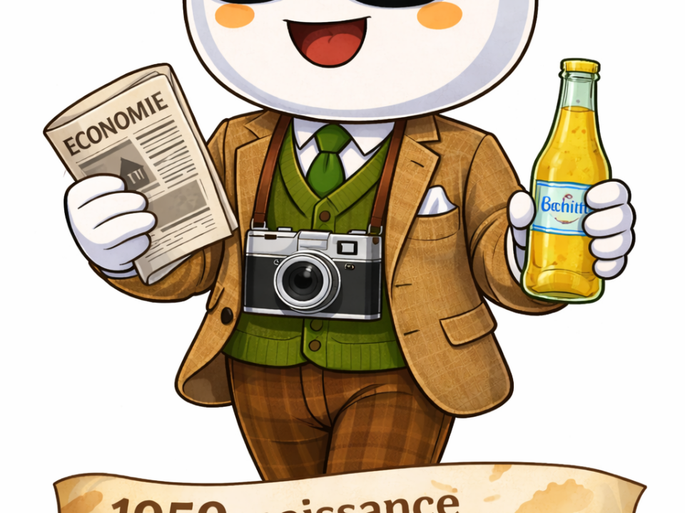 Mascotte Fiscallio de Fiscallia habillée dans un style vintage de 1959 avec une boisson française de l’époque, illustrant la naissance de la taxe foncière en 1959