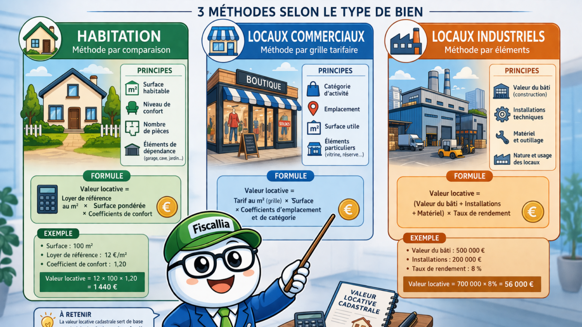 Illustration Fiscallia montrant Fiscallio expliquant le calcul de la valeur locative cadastrale selon trois méthodes pour l’habitation, les locaux commerciaux et les locaux industriels.
