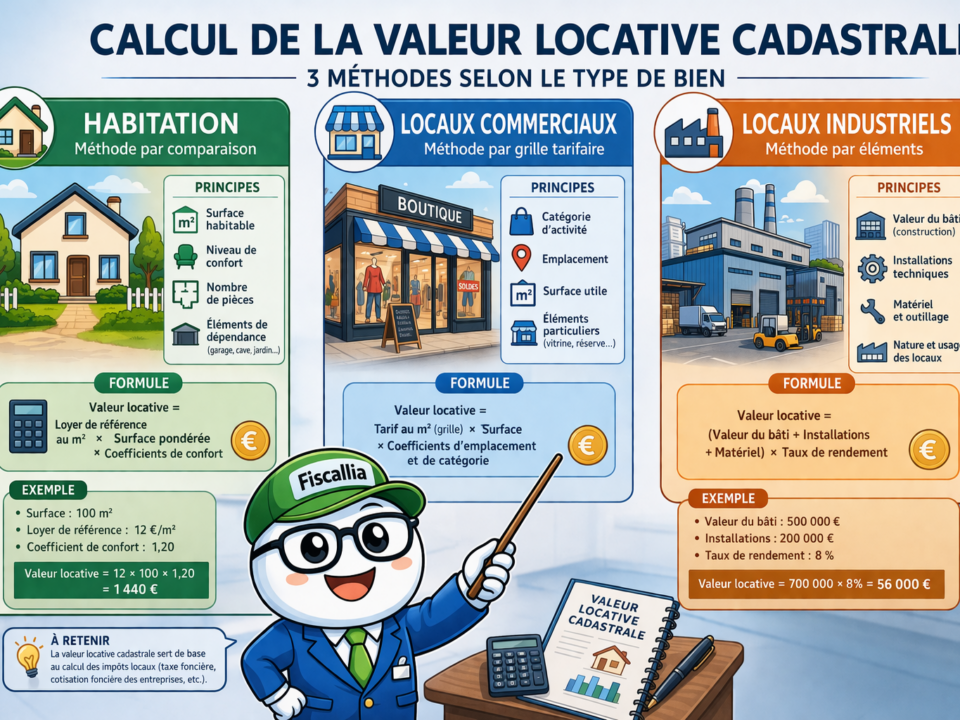Illustration Fiscallia montrant Fiscallio expliquant le calcul de la valeur locative cadastrale selon trois méthodes pour l’habitation, les locaux commerciaux et les locaux industriels.