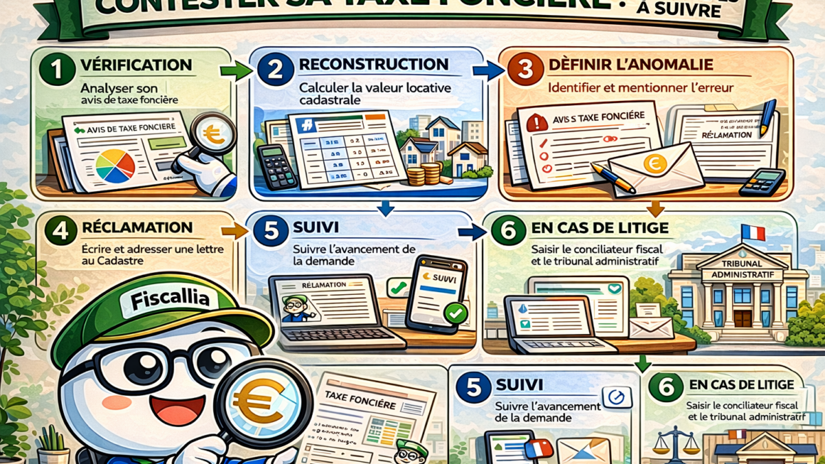 Illustration Fiscallia avec la mascotte Fiscallio expliquant les étapes de contestation de la taxe foncière : vérification, reconstruction, identification de l’anomalie, réclamation au cadastre, suivi et recours devant le tribunal administratif.