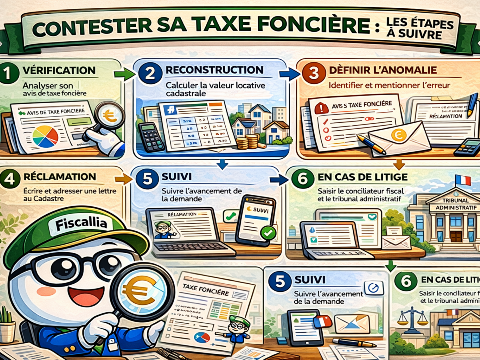Illustration Fiscallia avec la mascotte Fiscallio expliquant les étapes de contestation de la taxe foncière : vérification, reconstruction, identification de l’anomalie, réclamation au cadastre, suivi et recours devant le tribunal administratif.