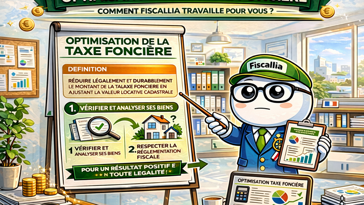 Illustration Fiscallia avec la mascotte Fiscallio expliquant de manière sérieuse l’optimisation de la taxe foncière, incluant la définition, l’analyse des biens et le respect des règles fiscales pour un résultat légal.