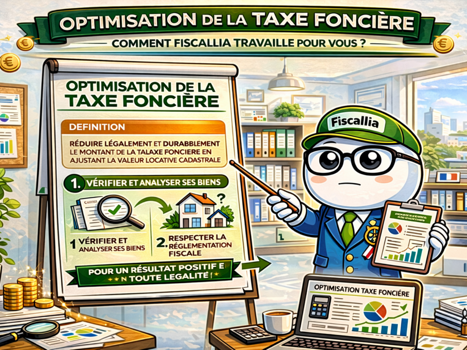 Illustration Fiscallia avec la mascotte Fiscallio expliquant de manière sérieuse l’optimisation de la taxe foncière, incluant la définition, l’analyse des biens et le respect des règles fiscales pour un résultat légal.