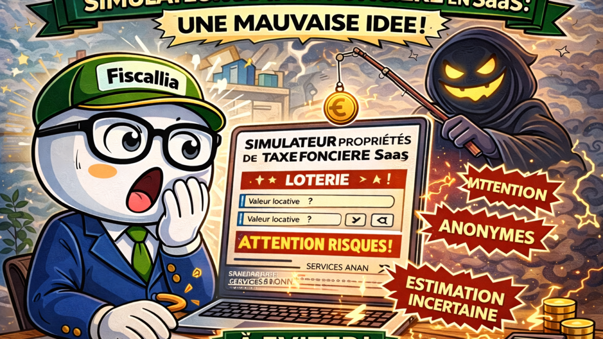 Illustration Fiscallia avec la mascotte Fiscallio alertant sur les risques d’un simulateur de taxe foncière en SaaS, mettant en avant les dangers liés à l’anonymat, aux données privées et aux estimations incertaines.
