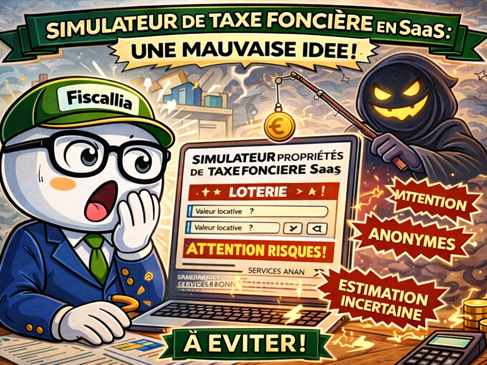 Illustration Fiscallia avec la mascotte Fiscallio alertant sur les risques d’un simulateur de taxe foncière en SaaS, mettant en avant les dangers liés à l’anonymat, aux données privées et aux estimations incertaines.
