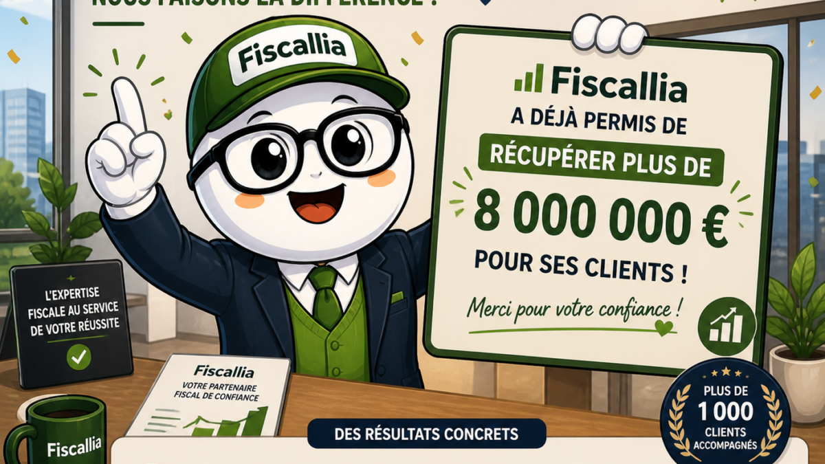 Mascotte Fiscallio de Fiscallia très heureuse annonçant que le cabinet a permis de récupérer plus de 8 000 000 euros pour ses clients grâce à son expertise fiscale.