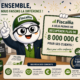Mascotte Fiscallio de Fiscallia très heureuse annonçant que le cabinet a permis de récupérer plus de 8 000 000 euros pour ses clients grâce à son expertise fiscale.