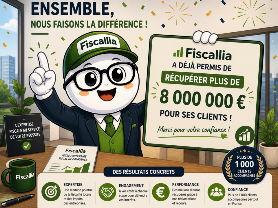 Mascotte Fiscallio de Fiscallia très heureuse annonçant que le cabinet a permis de récupérer plus de 8 000 000 euros pour ses clients grâce à son expertise fiscale.