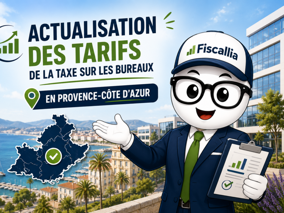 Illustration Fiscallia avec la mascotte Fiscallio présentant l’actualisation des tarifs de la taxe sur les bureaux en Provence-Alpes-Côte d’Azur devant un paysage méditerranéen et des immeubles de bureaux.
