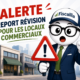 Illustration Fiscallia avec la mascotte Fiscallio en mode alerte annonçant le report de la révision des locaux commerciaux avec un panneau de danger et des commerces en arrière-plan.