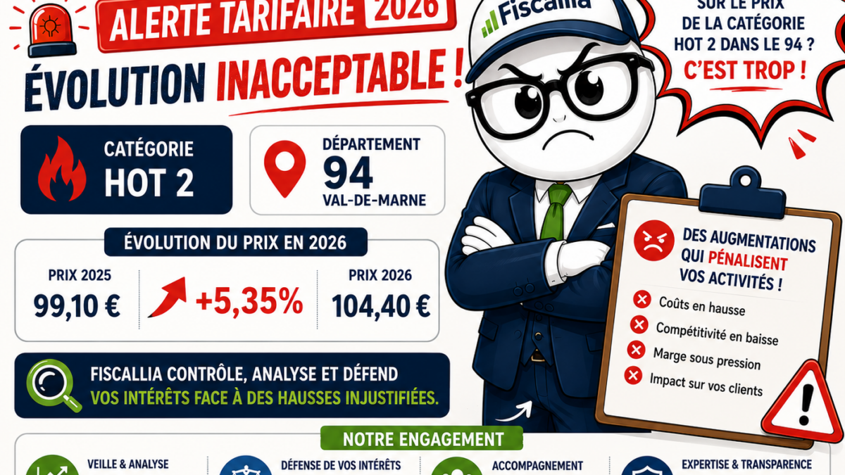 Illustration Fiscallia avec la mascotte Fiscallio mécontente face à l’augmentation de 5,35 % du tarif de la catégorie HOT 2 dans le département 94 entre 2025 et 2026, avec analyse et défense des intérêts des professionnels.