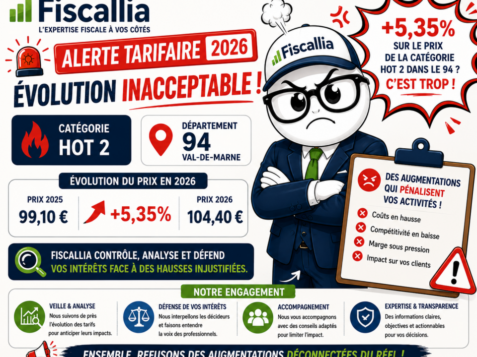 Illustration Fiscallia avec la mascotte Fiscallio mécontente face à l’augmentation de 5,35 % du tarif de la catégorie HOT 2 dans le département 94 entre 2025 et 2026, avec analyse et défense des intérêts des professionnels.