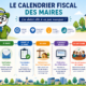 Infographie ludique Fiscallia avec la mascotte Fiscallio présentant le calendrier fiscal 2026 des maires et les principales échéances fiscales des collectivités locales.
