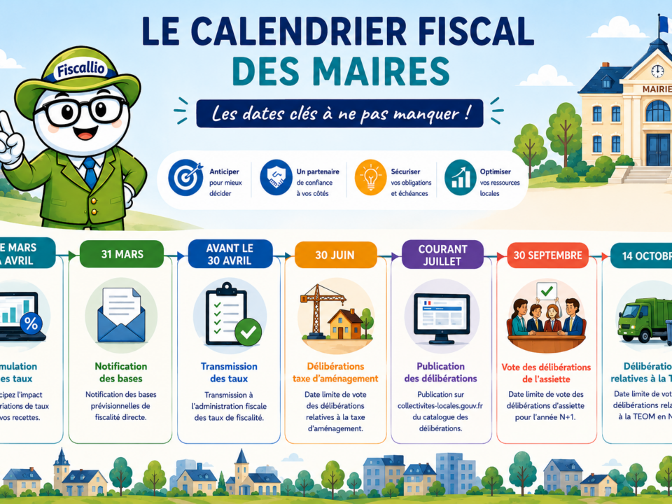 Infographie ludique Fiscallia avec la mascotte Fiscallio présentant le calendrier fiscal 2026 des maires et les principales échéances fiscales des collectivités locales.