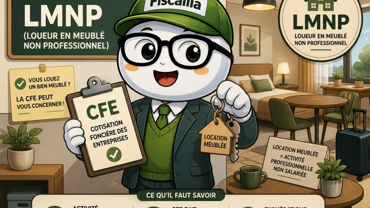 Illustration Fiscallia avec la mascotte Fiscallio expliquant le lien entre la CFE et le statut LMNP (loueur en meublé non professionnel), avec une mise en situation de location meublée et les règles fiscales associées.
