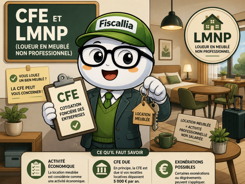 Illustration Fiscallia avec la mascotte Fiscallio expliquant le lien entre la CFE et le statut LMNP (loueur en meublé non professionnel), avec une mise en situation de location meublée et les règles fiscales associées.