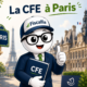 Illustration Fiscallia avec la mascotte Fiscallio devant Paris et la tour Eiffel, tenant un dossier CFE sous le titre « La CFE à Paris ».