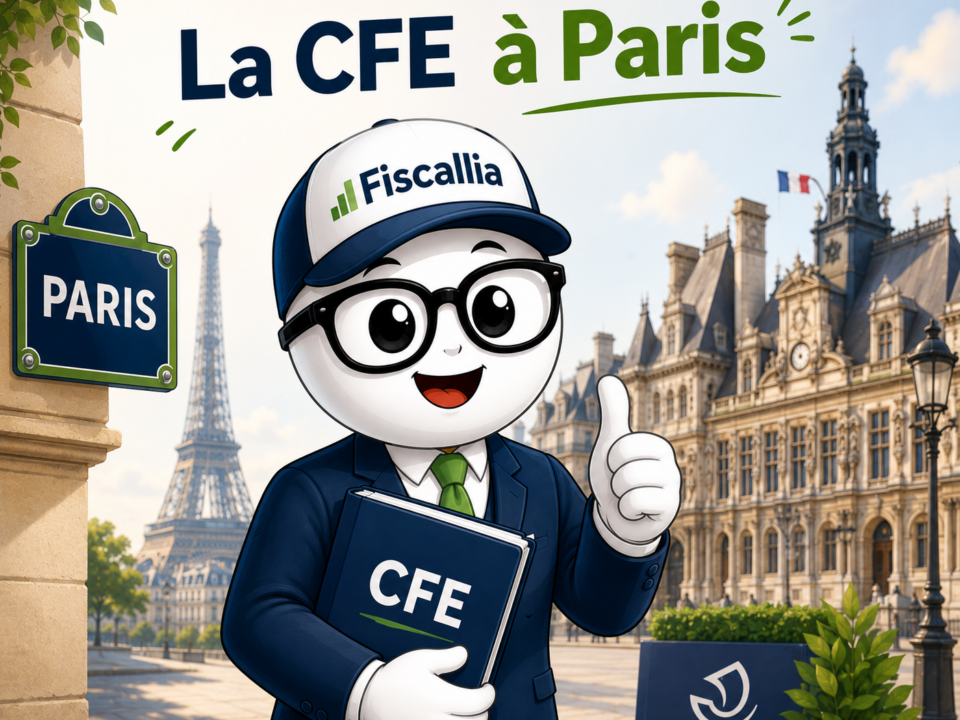 Illustration Fiscallia avec la mascotte Fiscallio devant Paris et la tour Eiffel, tenant un dossier CFE sous le titre « La CFE à Paris ».