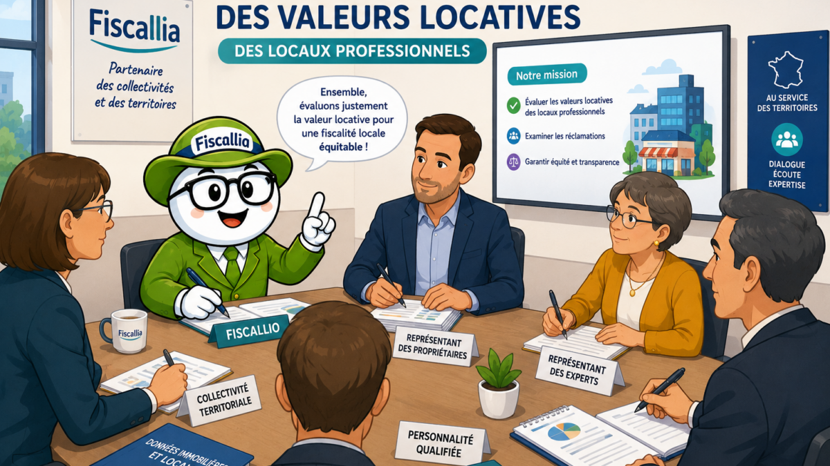 Illustration ludique Fiscallia représentant la mascotte Fiscallio participant à une commission départementale des valeurs locatives des locaux professionnels avec élus, experts et représentants territoriaux autour d’une table de réunion.