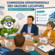 Illustration ludique Fiscallia représentant la mascotte Fiscallio participant à une commission départementale des valeurs locatives des locaux professionnels avec élus, experts et représentants territoriaux autour d’une table de réunion.