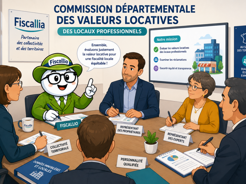 Illustration ludique Fiscallia représentant la mascotte Fiscallio participant à une commission départementale des valeurs locatives des locaux professionnels avec élus, experts et représentants territoriaux autour d’une table de réunion.