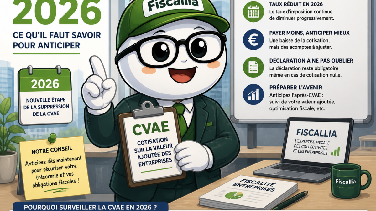 Illustration Fiscallia avec la mascotte Fiscallio expliquant la CVAE en 2026, la transition progressive, la baisse des taux et les obligations fiscales pour les entreprises.