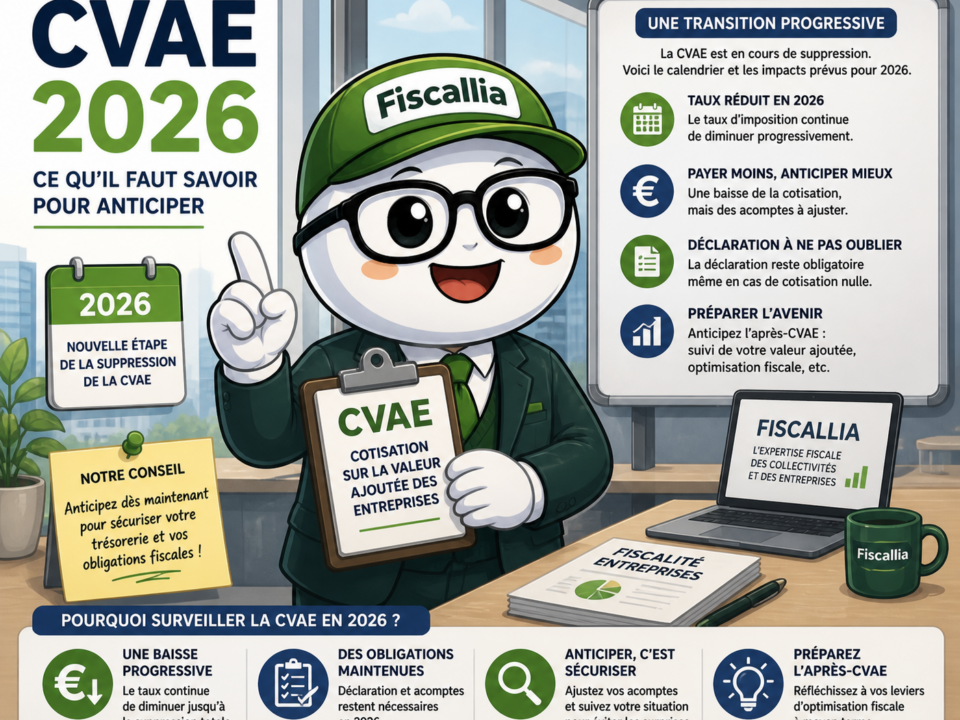 Illustration Fiscallia avec la mascotte Fiscallio expliquant la CVAE en 2026, la transition progressive, la baisse des taux et les obligations fiscales pour les entreprises.