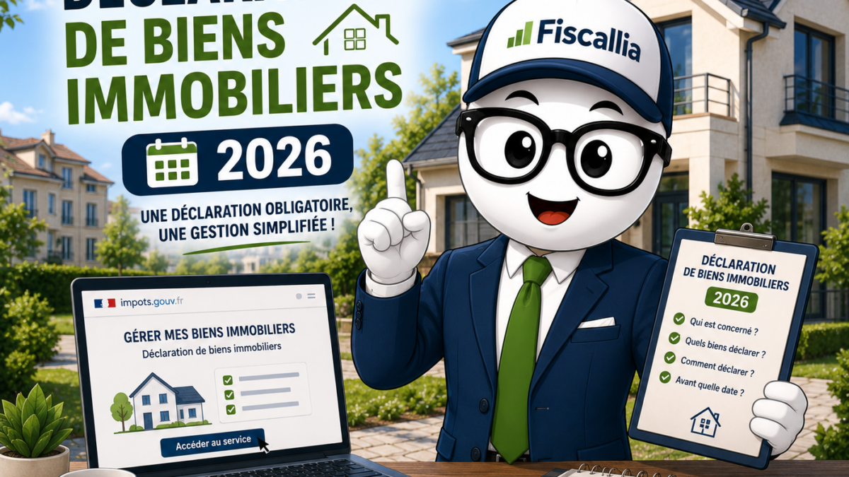 Illustration Fiscallia avec la mascotte Fiscallio expliquant la déclaration de biens immobiliers 2026 devant une maison et un ordinateur affichant le service de gestion des biens immobiliers.