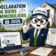 Illustration Fiscallia avec la mascotte Fiscallio expliquant la déclaration de biens immobiliers 2026 devant une maison et un ordinateur affichant le service de gestion des biens immobiliers.