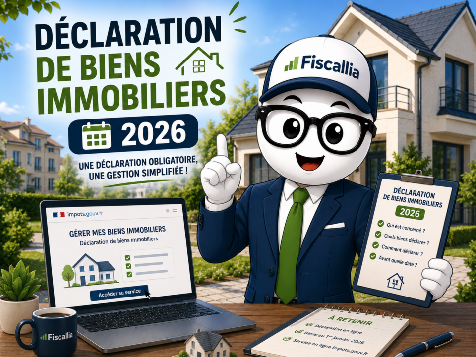 Illustration Fiscallia avec la mascotte Fiscallio expliquant la déclaration de biens immobiliers 2026 devant une maison et un ordinateur affichant le service de gestion des biens immobiliers.