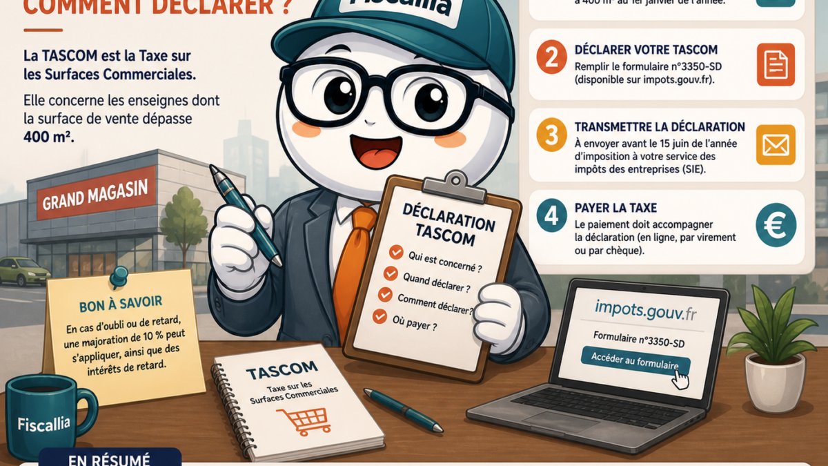 Illustration Fiscallia avec la mascotte Fiscallio expliquant comment déclarer la TASCOM, incluant les étapes de vérification, déclaration, transmission et paiement de la taxe sur les surfaces commerciales.