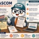 Illustration Fiscallia avec la mascotte Fiscallio expliquant comment déclarer la TASCOM, incluant les étapes de vérification, déclaration, transmission et paiement de la taxe sur les surfaces commerciales.