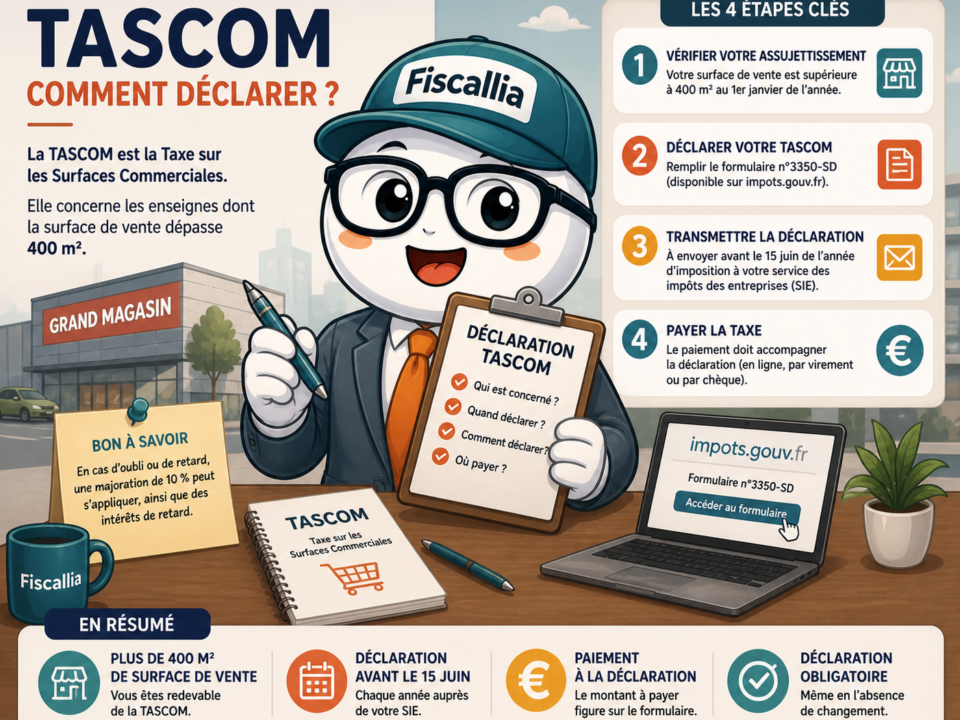 Illustration Fiscallia avec la mascotte Fiscallio expliquant comment déclarer la TASCOM, incluant les étapes de vérification, déclaration, transmission et paiement de la taxe sur les surfaces commerciales.
